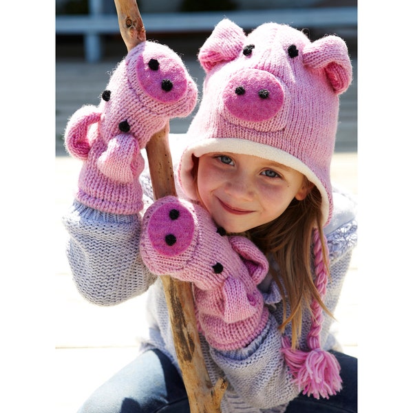 Children's piggy Hat, piggy Earmuffs, piggy Mittens, Kids Handmade pig, pig faux Fur Earmuffs, Fleece Lining, Fair Trade Pachamama, pig hat