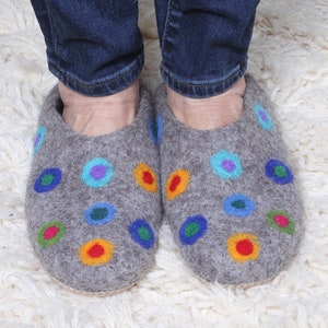 Fair Trade Womens Felt Slippers, Hand Felted Slippers, Multi Coloured Spots. Womens Handmade Wool Slippers with Suede Sole, Warm, Toasty Grey 38-39