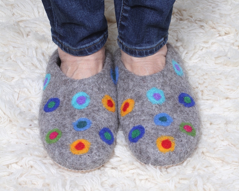 Fair Trade Womens Felt Slippers, Hand Felted Slippers, Multi Coloured Spots. Womens Handmade Wool Slippers with Suede Sole, Warm, Toasty Grey 38-39