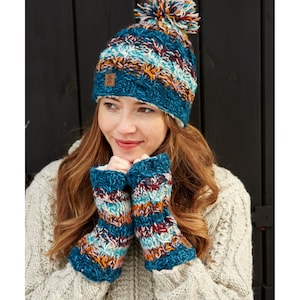 Women's Handknitted Bobble Hat - Handwarmers - 100% Wool - Ethical Clothing - Sherpa Fleece Lined - Fingerless Gloves - Pachamama