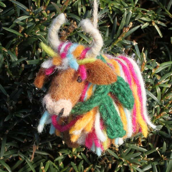 Hand Felted Highland Cow Christmas Decoration, 100% Wool, Highland Coo Hanging Tree Ornament, Fair Trade, Cute Animal Design