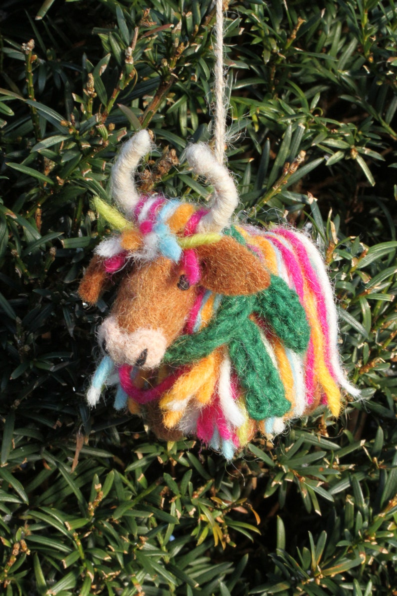 Hand Felted Highland Cow Christmas Decoration, 100% Wool, Highland Coo Hanging Tree Ornament, Fair Trade, Cute Animal Design image 1