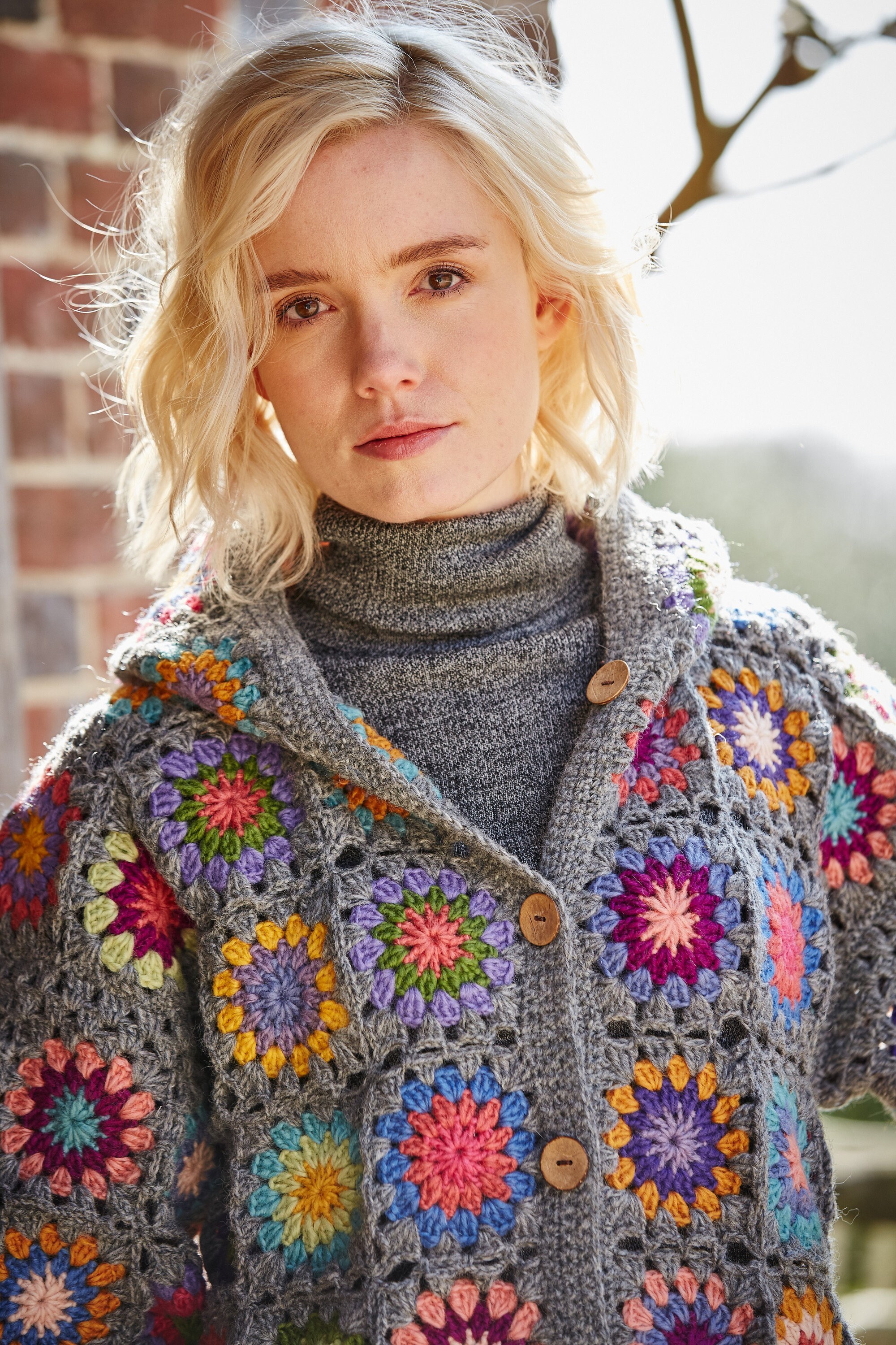 Women's Crochet Granny Square Cardigan - Grey, 100% Wool