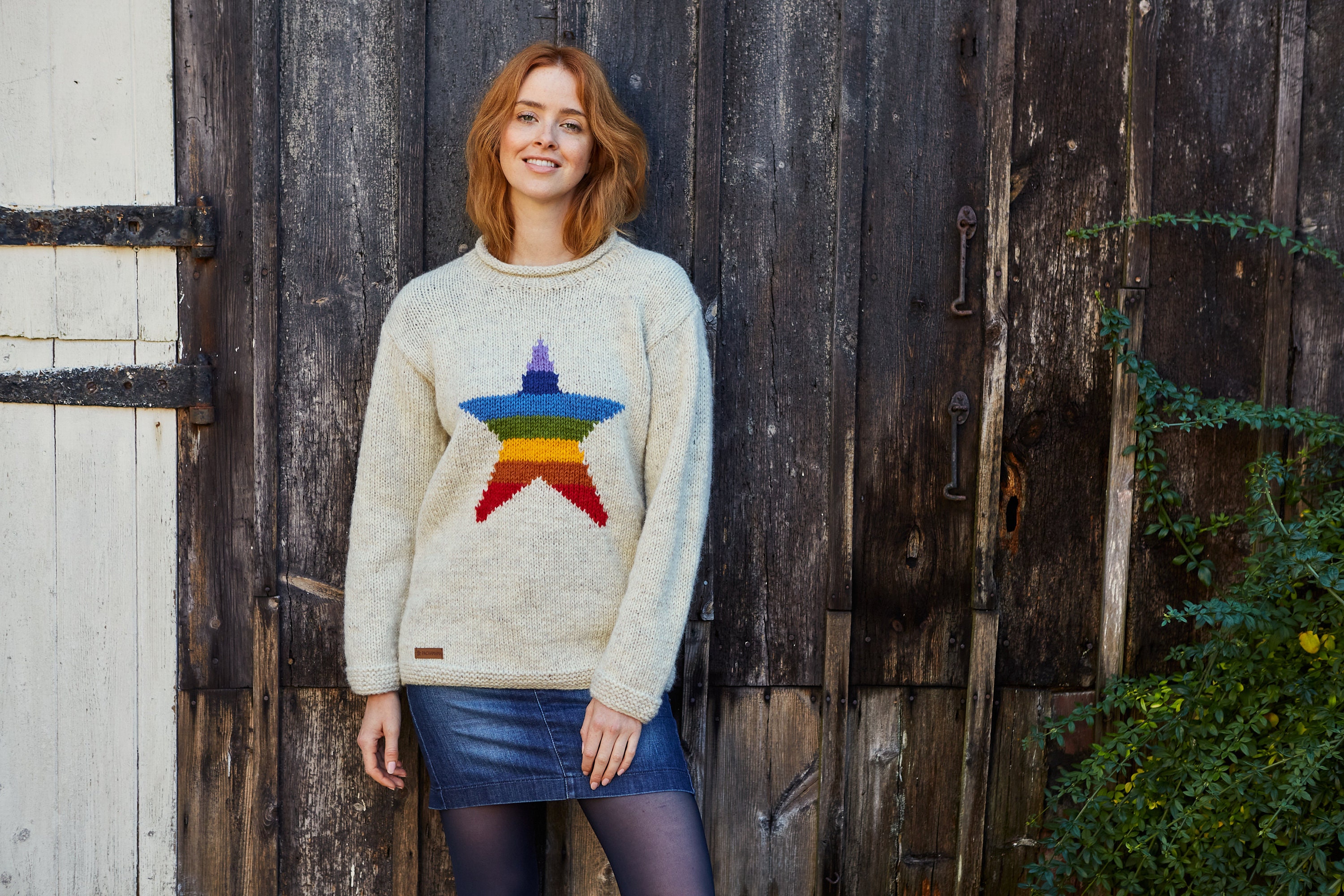 Women's Rainbow Star Sweater - Oatmeal Knitted Rainbow Jumper