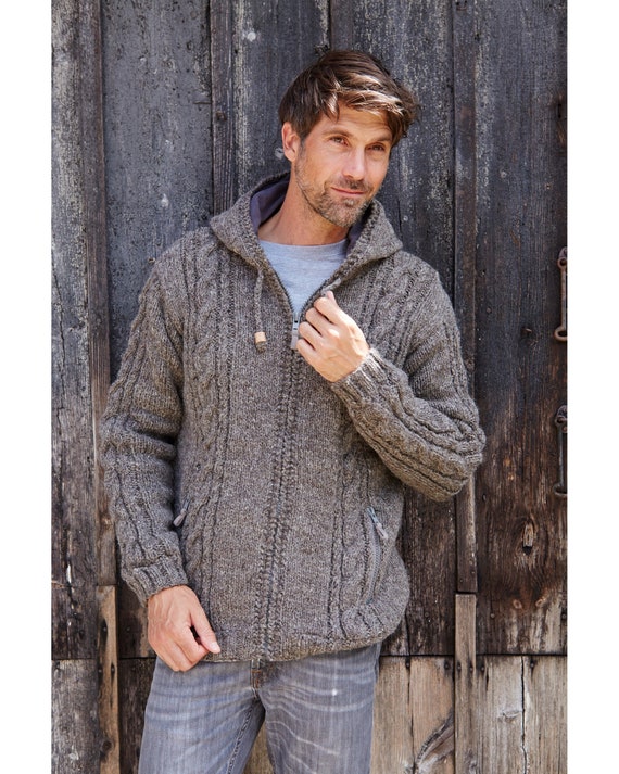 Men's Full Zip Jacket, 100% Wool Hand Made, Grey, Side Pockets