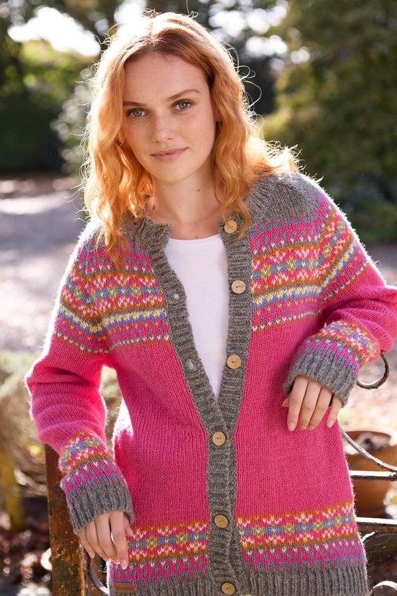 Pink Knitted Fair Isle Cardigan - Pink Fair Isle Cardi - All
