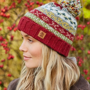 Womens Hand Knitted Green Fair Isle Beanie - Knitted Headband - Roll Back Bobble Beanie - 100% Wool - Fairisle Beanie - Handmade - Pachamama - UK