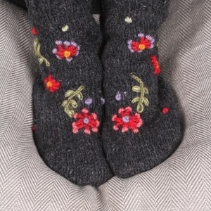 Women's Floral Embroidered Knitted Socks - Embroidered Flower Sofa Socks - Knit Socks - Warm Knitted Loungewear - 100% Wool - Pachamama