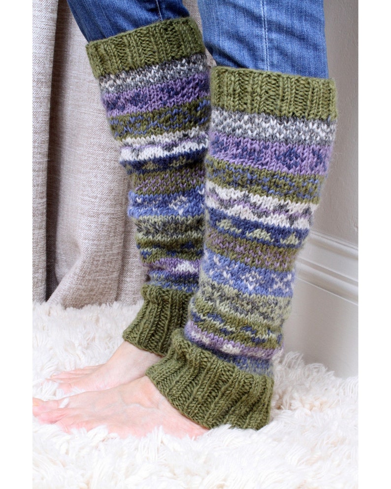 Women's Knitted Wool Legwarmers Fair Isle Legwarmers Knitted Legwarmers 100% Wool Handmade Unlined Pachamama Olive Regular