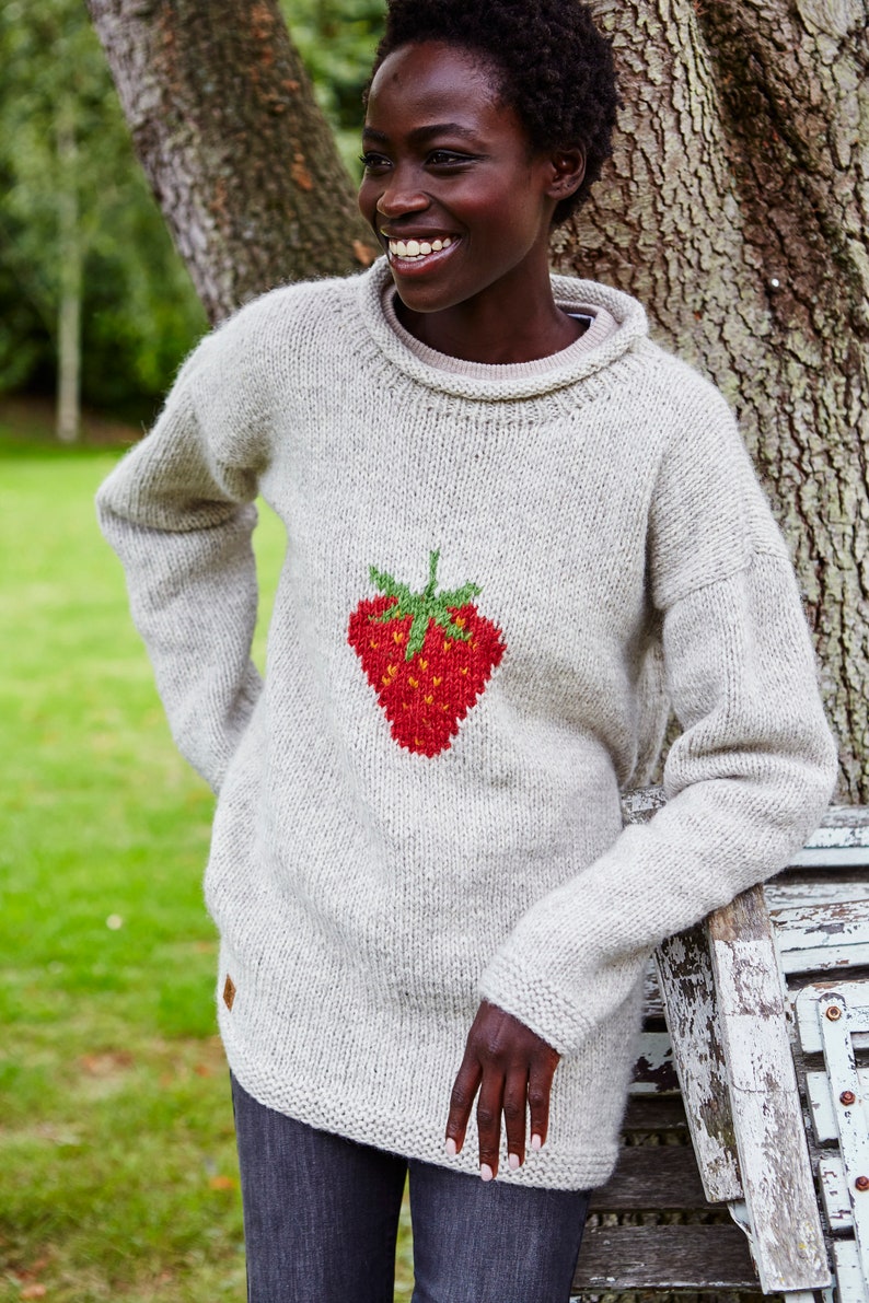 Strawberry Knitted Sweater Spring Jumper Fruit Motif 100% Wool Handknit Oversized Knit Pullover Fair Trade Pachamama image 6