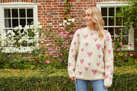 Women s Sweetheart Sweater Heart Pattern Jumper Love Heart Pink Hearts Knitted Wool Pullover 100 Wool Fair Trade Pachamama Etsy UK