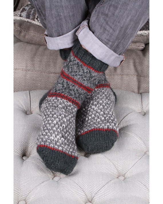 Fair Trade Hand Knitted Fairisle Stripy Woollen Socks Multiple Colours  Knitted Nordic Woolly Slipper Socks 2 Sizes 100% Wool 