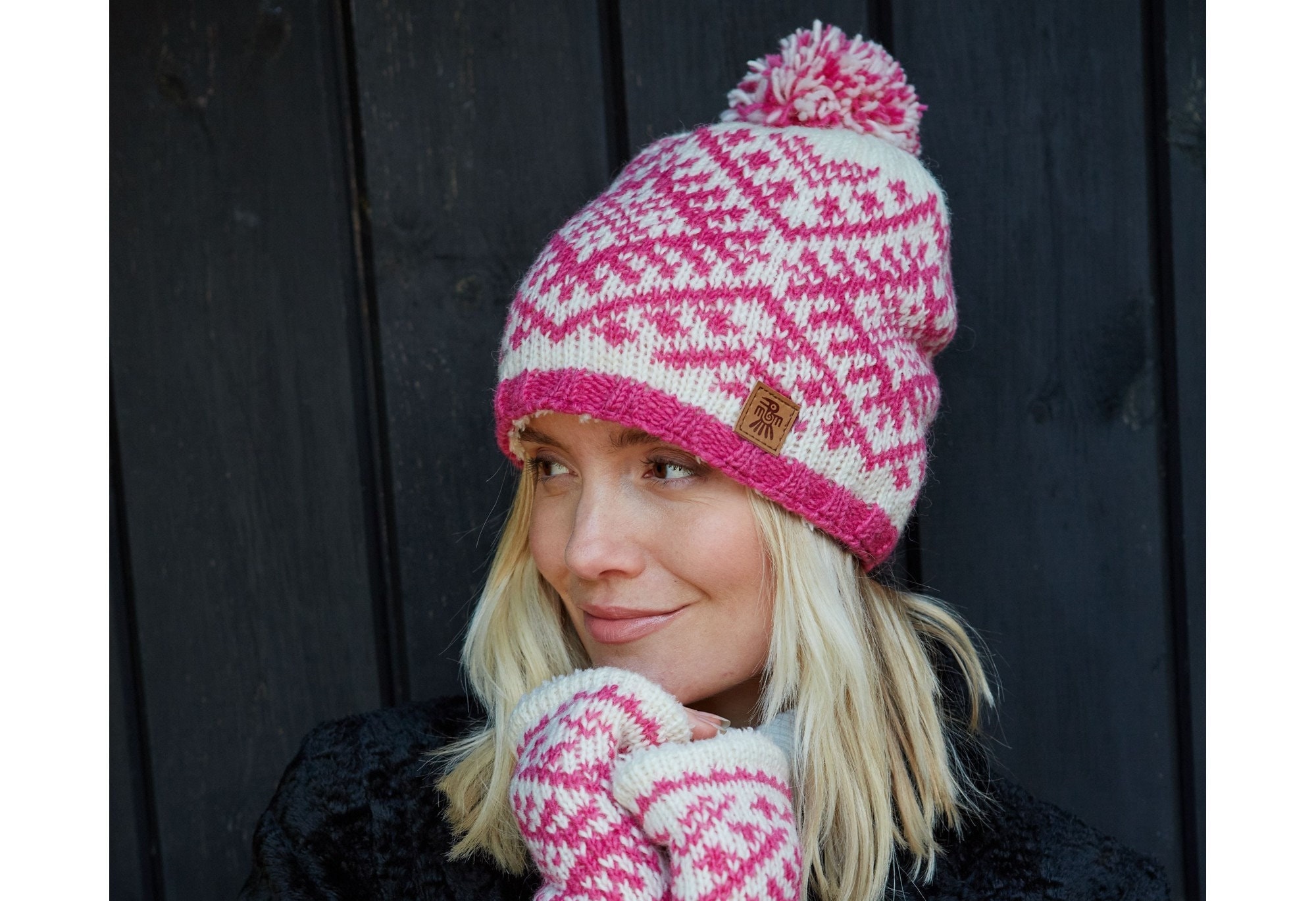 Knitted Fair Isle Bobble Beanie - Women's Cosy Handwarmers - Warm Knit Headband - Fleece Lined - Rose Pink and Baby Pink - Pachamama