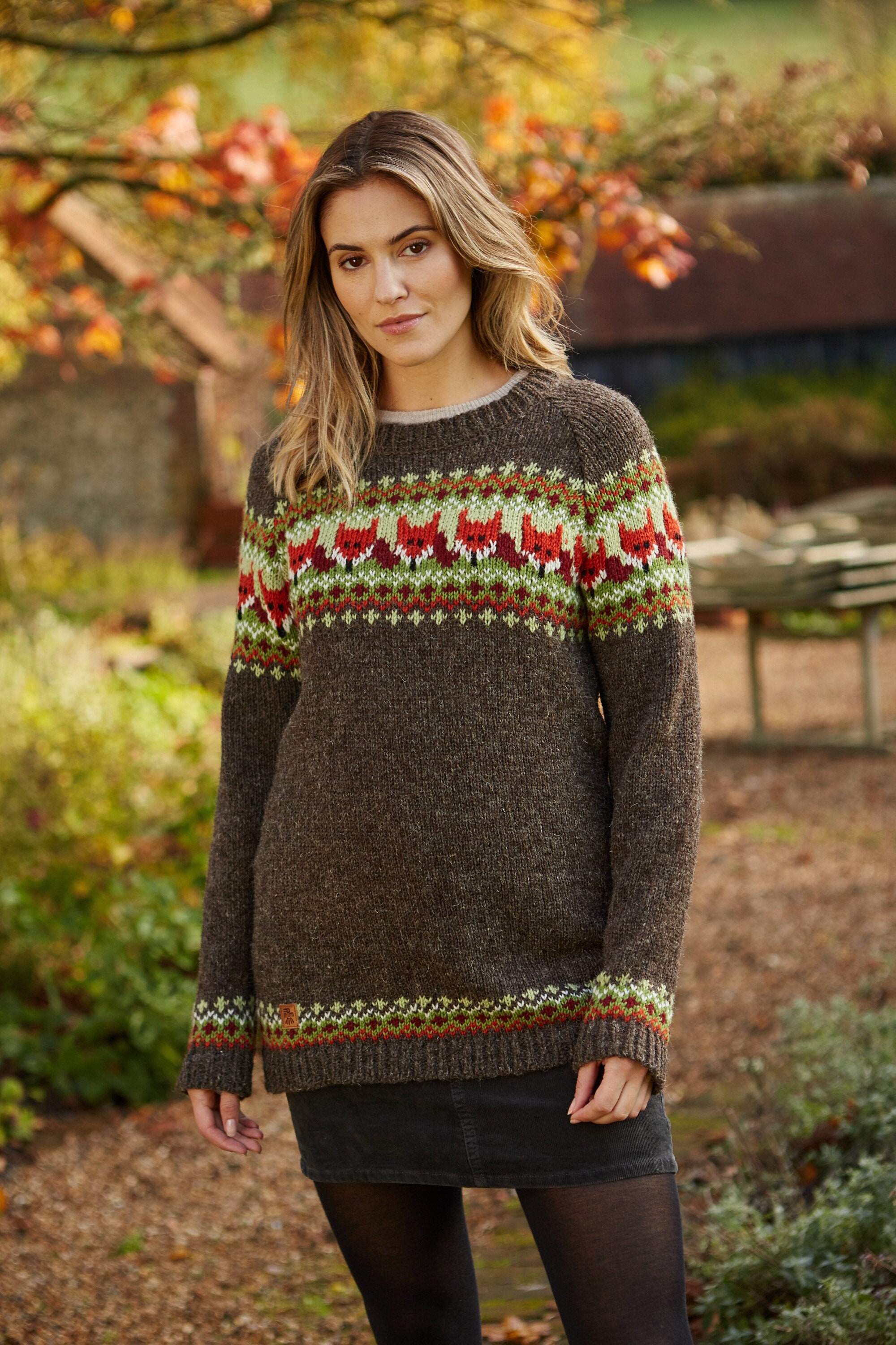 Women's Knitted Fox Jumper Brown Knit Sweater Animal Jumper Earthy Tones  100% Wool Handmade Fair Trade Pachamama 