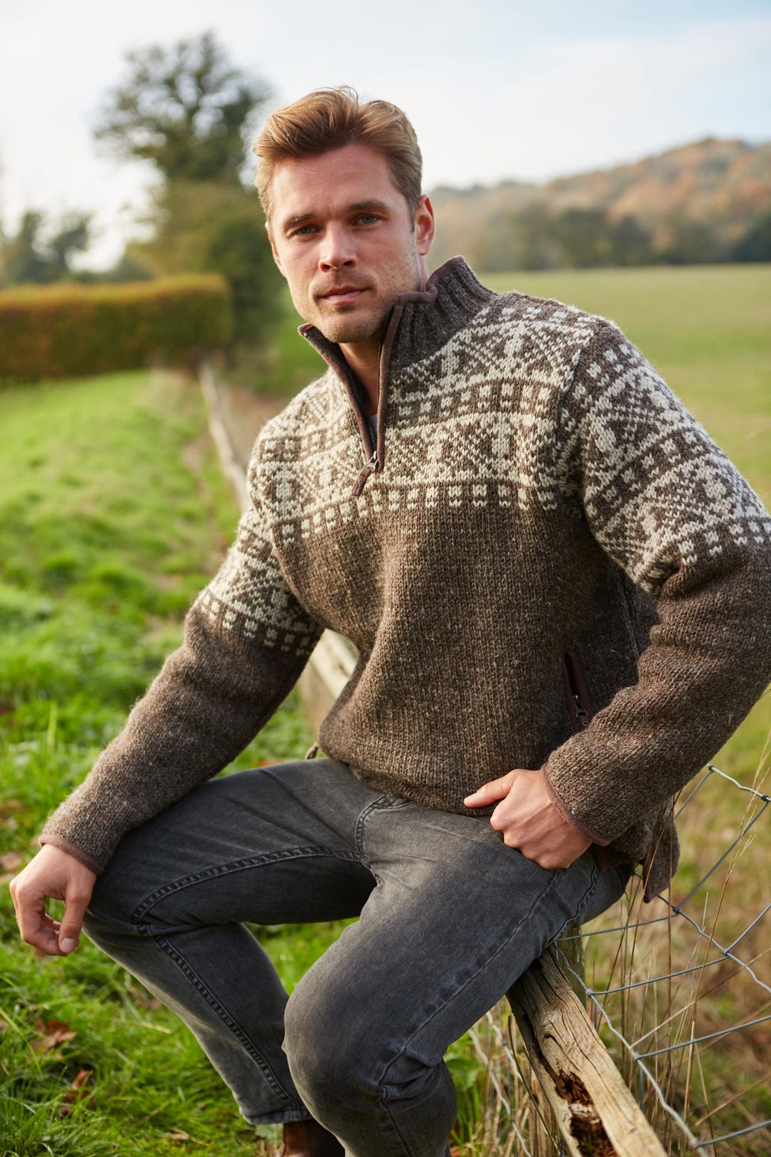 Men's Knitted Brown Fair Isle Half Zip Sweater: 100% Wool