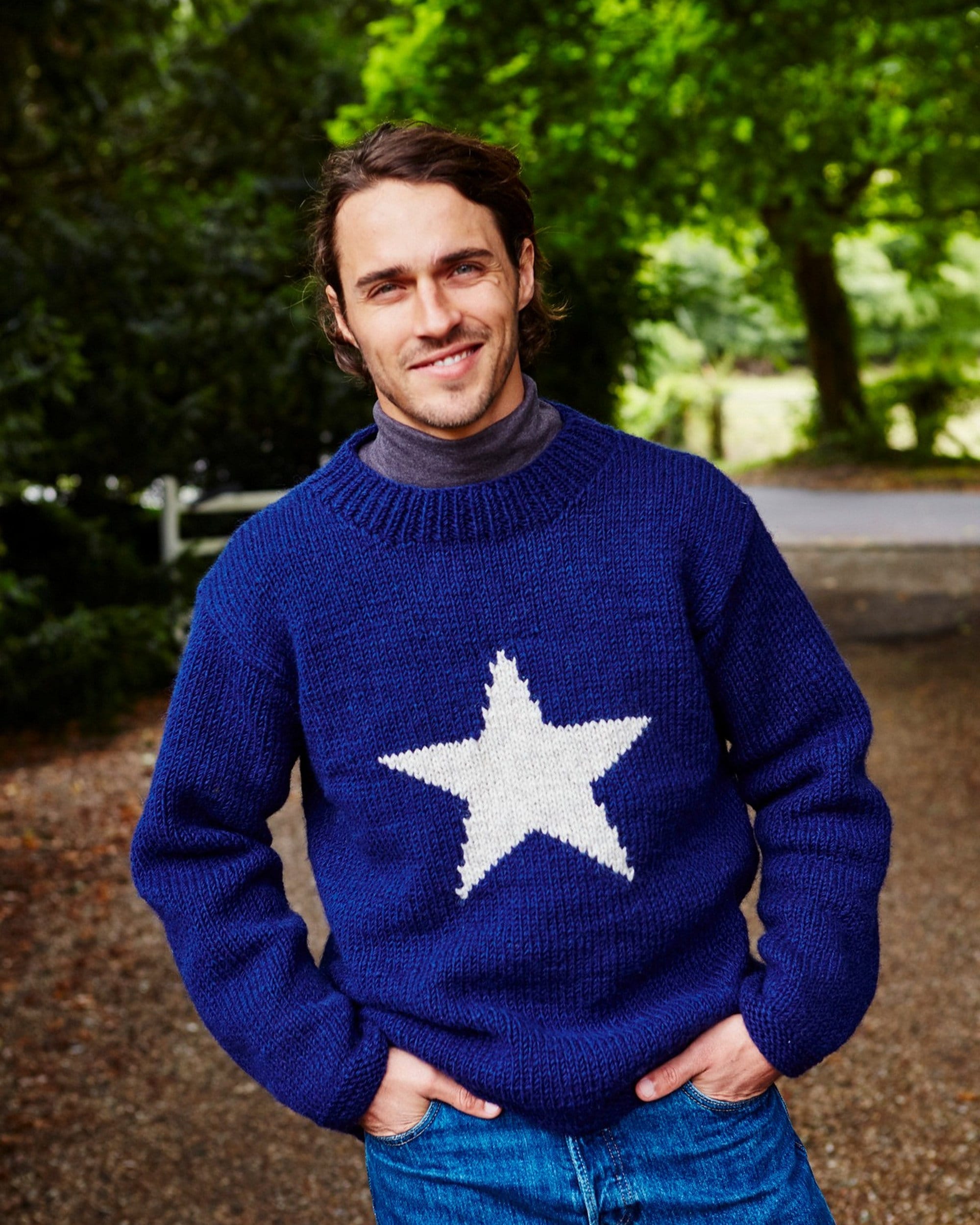 Women's and Men's Wool Sweater White Star Navy Gender Neutral