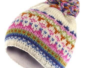 Women's Knitted Bright Fair Isle Bobble Beanie, Headband - 100% Wool | Pachamama