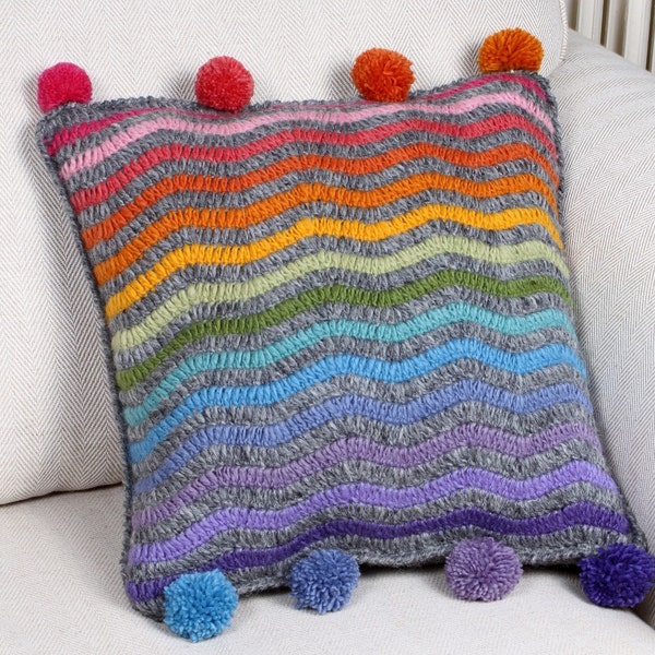 100% Wool Stripy Crocheted Cushion Cover, Handmade Retro Stripes, Fair Trade Scatter Pillow, Bright Rainbow Colours - Knitted Cushion