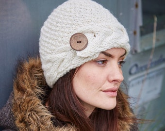 Women's Knitted Classic Cable Button Beanie - 100% Wool - Aran Knit Hat - Coconut Shell Button - Warm Knitted Headband - Pachamama