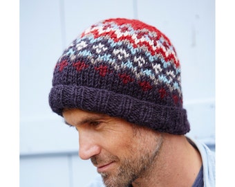 Men's Hand Knitted Beanie, 100% Wool, Warm Winter Hat, Natural Colours, Fleece Lined, Fair Trade