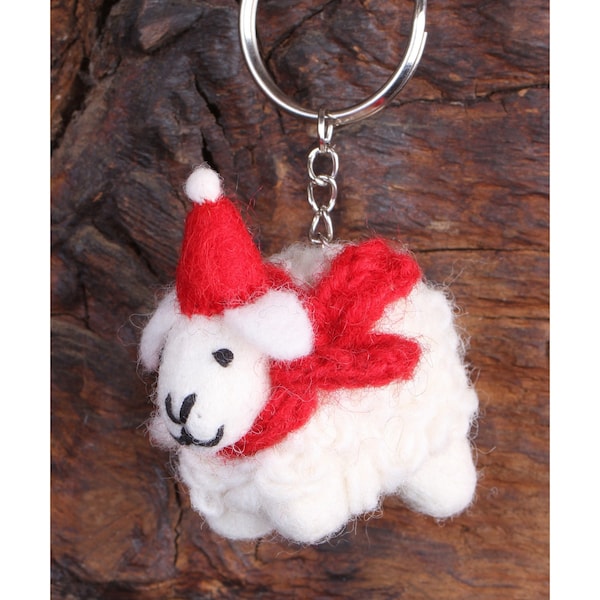 Sheep Keyring - Handfelted Snowy Lamb Keychain - Cute Animal Handbag Charm - 100% Wool Handmade Quirky Gift - Fair Trade Present