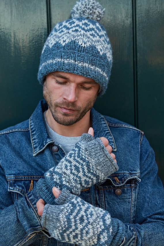 Mens Hand Knitted Bobble Beanie Mens Nordic Handwarmers Blue Winter Hat Mens Fingerless Gloves Fair Isle Knitwear Pachamama Etsy