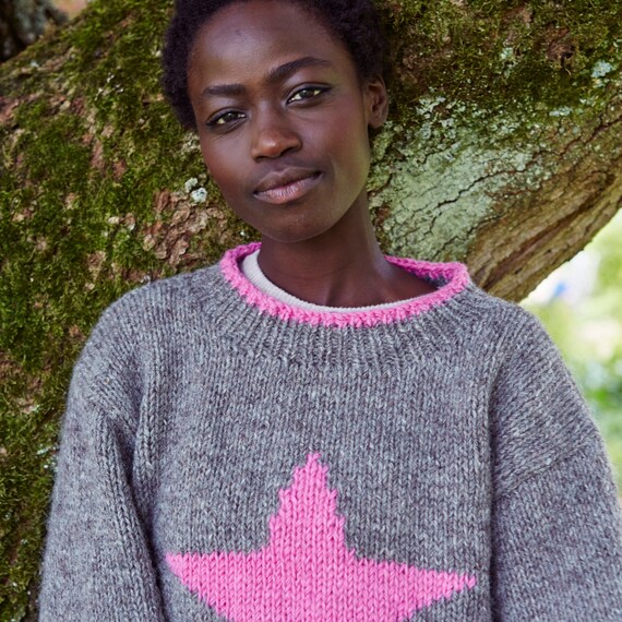 Women s Wool Sweater Pink Star Handknitted Jumper Ethical Clothing