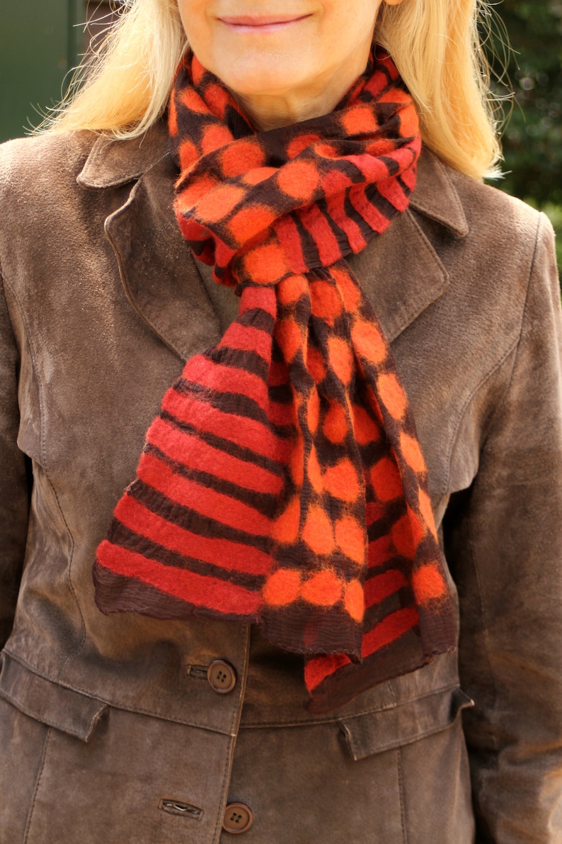 Women's Hand Felted Scarf Spots and Stripes Soft Scarf for Spring and Summer Merino Wool & Chiffon Pachamama image 9