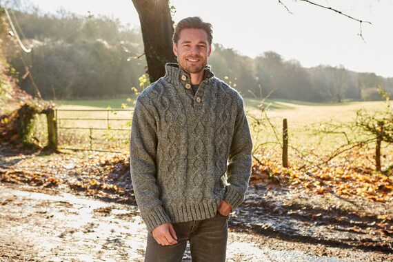 Mens Cable Knit Jumper - Grey Knit Sweater - Mens Cable Knit Jumper - Aran Knit Sweater - Traditional Cable Knit - Button - Pachamama