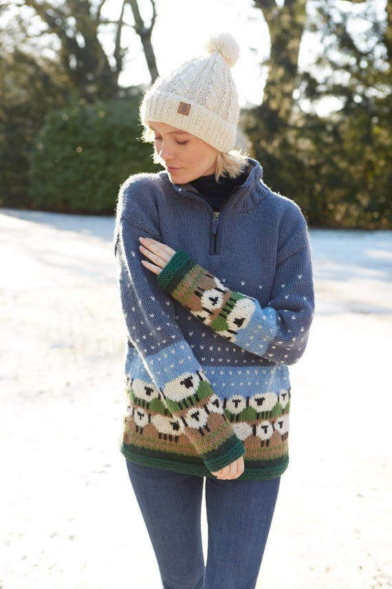 Women s Hand Knitted Snowy Sheep Sheep Half Zip Sweater Comfy Blue Pastel Pullover Cute Winter Lamb Jumper 100 Wool Pachamama Etsy UK