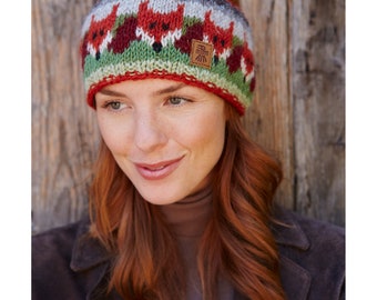 Women's Hand Knit Fox Bobble Beanie - 100% Wool Handwarmers -  Headband - Fingerless Gloves - Ethical Clothing - Fleece Lined - Pachamama