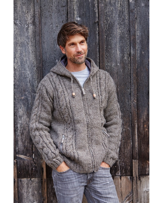 Men's Full Zip Jacket, 100% Wool Hand Made, Grey, Side Pockets