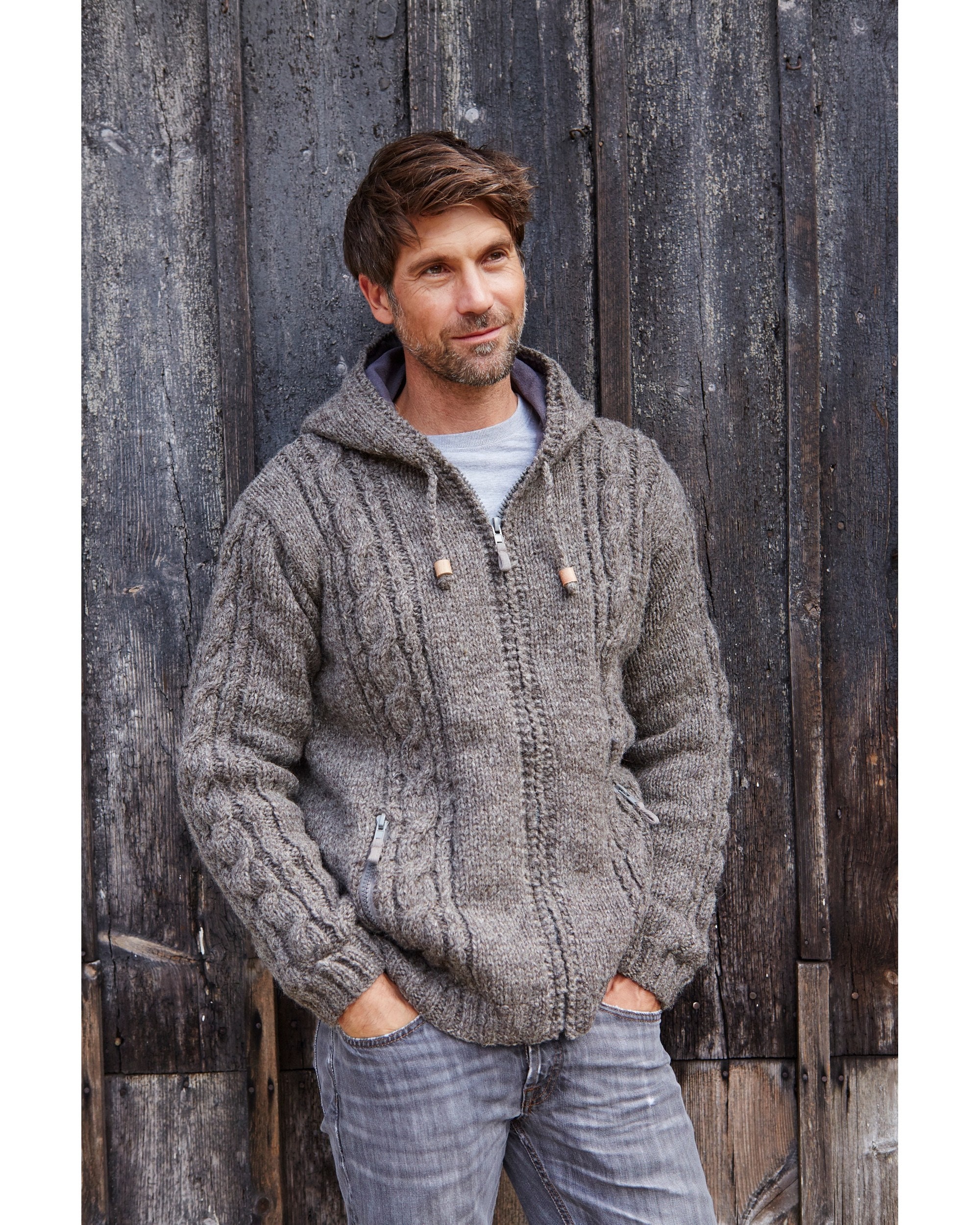 Men's Full Zip Jacket, 100% Wool Hand Made, Grey, Side