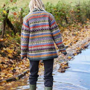 Women's Cardigan Handknitted Fair Isle Cardigan Knitted Collar 100% Wool Fair Isle Natural Green Denim Pachamama image 4