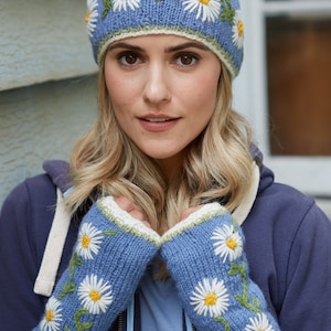 Women's Daisy Chain Knitted Hat - Daisy Handwarmer - Floral Headband - 100% Wool - Daisy Embroidered - Fleece lined - Fair Trade - Pachamama