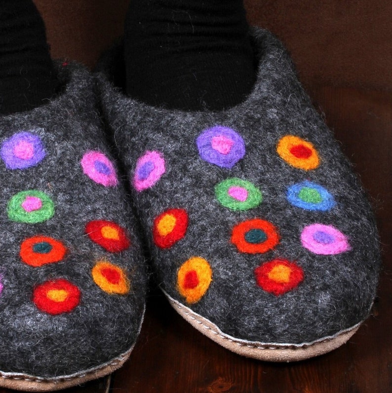 Fair Trade Womens Felt Slippers, Hand Felted Slippers, Multi Coloured Spots. Womens Handmade Wool Slippers with Suede Sole, Warm, Toasty Charcoal 40-41