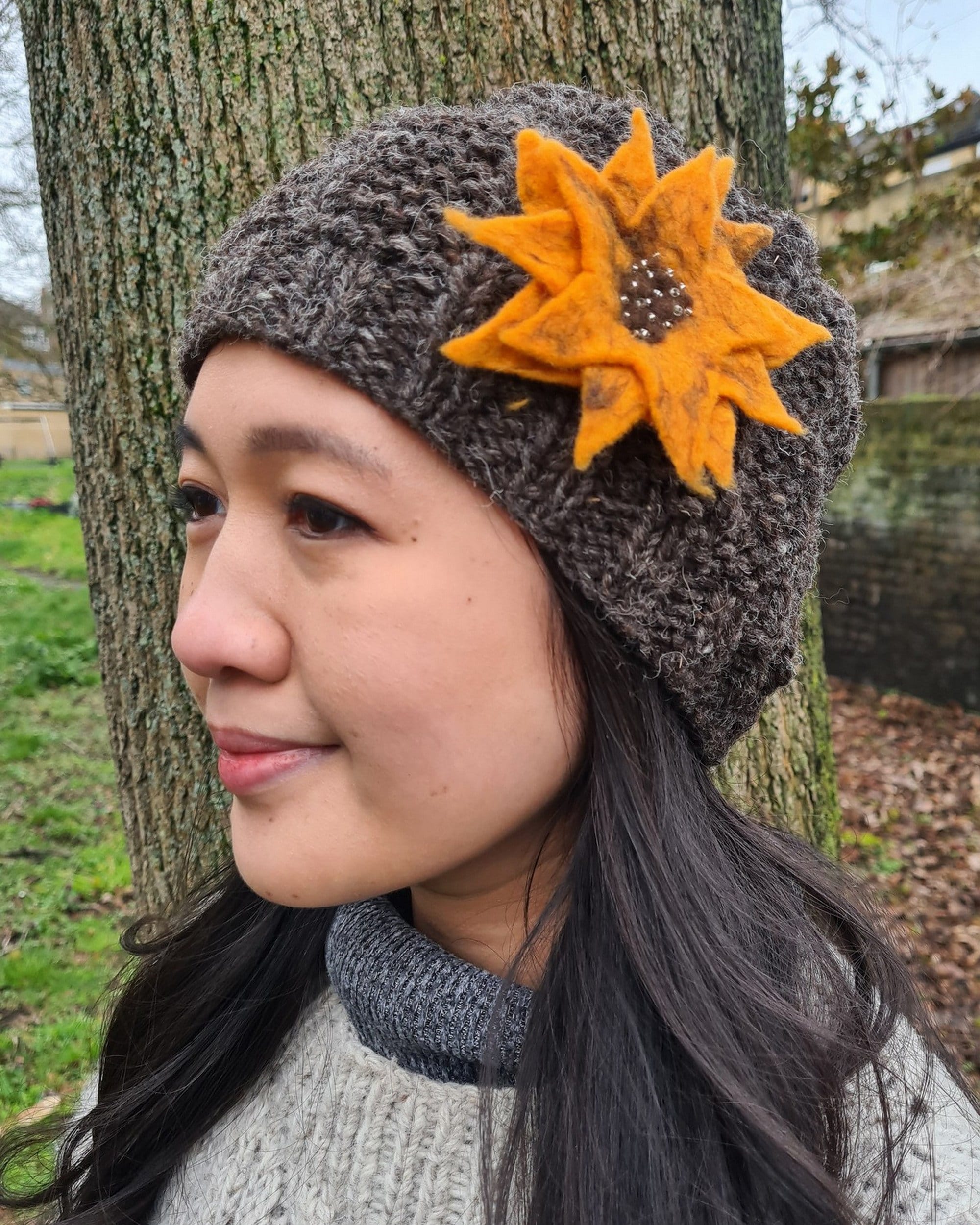 Hand Crocheted Sunflower Pin, Hat Accessory