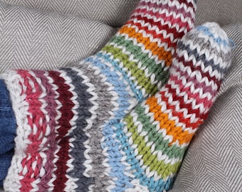 Women's Knitted Rainbow Sofa Socks - Bed Socks - Cosy Knit Socks - Knitted Socks - Stripy Socks - Knitted Loungewear - 100% Wool - Pachamama