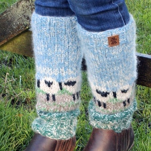 Hand Knit Hazy Sheep Leg Warmers, 100% Wool Fair Trade Unlined Legwarmers, Knee High Boot Toppers, Cute Lamb Animal Design, Pastel Blue