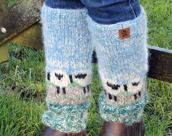 Hand Knit Hazy Sheep Leg Warmers, 100% Wool Fair Trade Unlined Legwarmers, Knee High Boot Toppers, Cute Lamb Animal Design, Pastel Blue