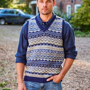 Herren Fair Isle Stricktank Top - 100% Wolle - Ärmelloser Pullover - Frühlingspullover - Marineblau - Fair Trade - Ethische Kleidung - Pachamama