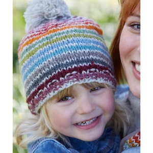 Kid's Rainbow Wool Bobble Beanie Hat Children's Multicoloured Mittens 100% Wool Headband Fleece Lined Fair Trade Pachamama Bobble Beanie