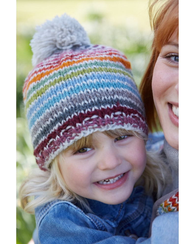 Kid's Rainbow Wool Bobble Beanie Hat Children's Multicoloured Mittens 100% Wool Headband Fleece Lined Fair Trade Pachamama Bobble Beanie