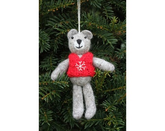 Hand Felted Winter Bear Christmas Decoration, 100% Wool, Hanging Tree Ornament, Fair Trade, Cute Animal Design