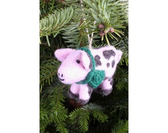 Décoration de Noël de cochon de Gloucester feutrée à la main, 100% laine, ornement d'arbre suspendu de cochon, commerce équitable, conception animale mignonne