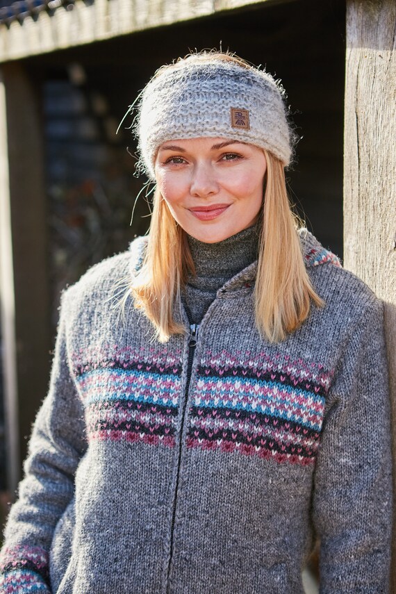 Felpa con cappuccio da donna in lana Sherpa foderata in pile lavorato a mano a righe multicolore con cappuccio extra caldo realizzato a mano Pachamama Fair Trade, multicolore, S