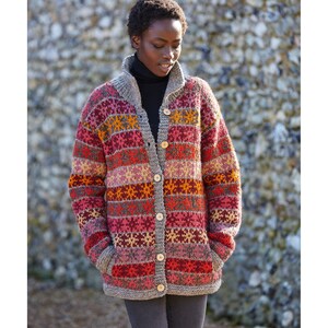 Women's Hand Knitted Star Cardigan 100% Wool Unlined Bright Colourful Chunky Cardi Autumnal Pastel Coconut Shell Buttons Pachamama image 7