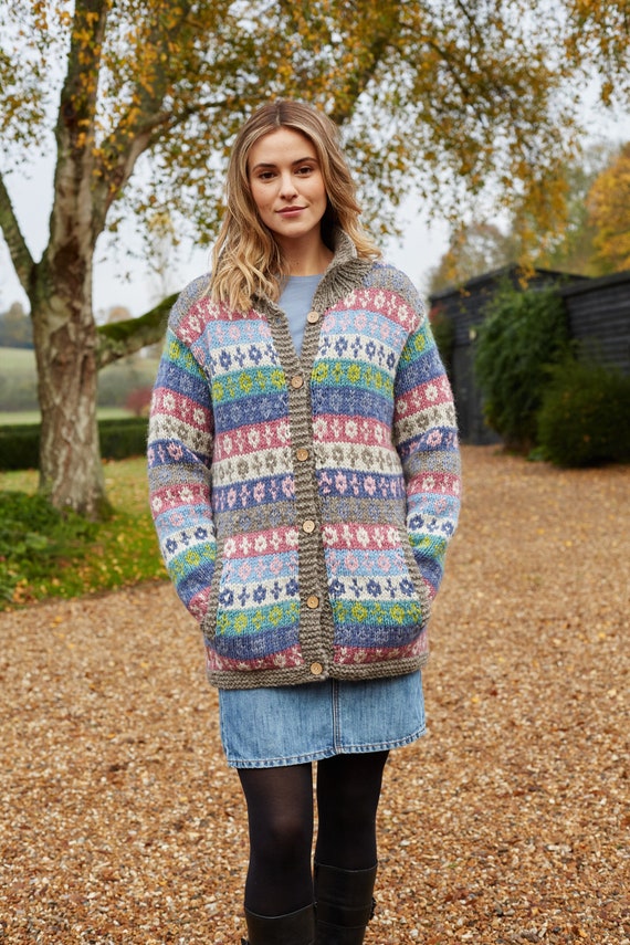 Women s Pastel Fair Isle Cardigan Cosy Hand Knitted Cardi Blue Pink Grey Cardigan Ethical Gift Fair Trade Pachamama