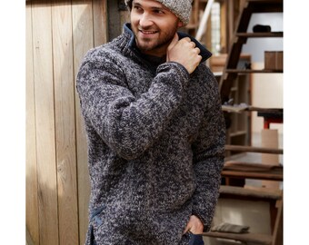 Men's Half Zip Charcoal Sweater, 100% Wool Hand Made, Dark Grey Colours, Fleece Lined Collar, Hand Knitted Pullover, Gift for him