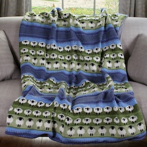 Hand Knitted Sheep Throw - Cosy Sheep Blanket - Flock of Sheep - Animal Blanket - Country Decor - Countryside - 100% Wool - Pachamama